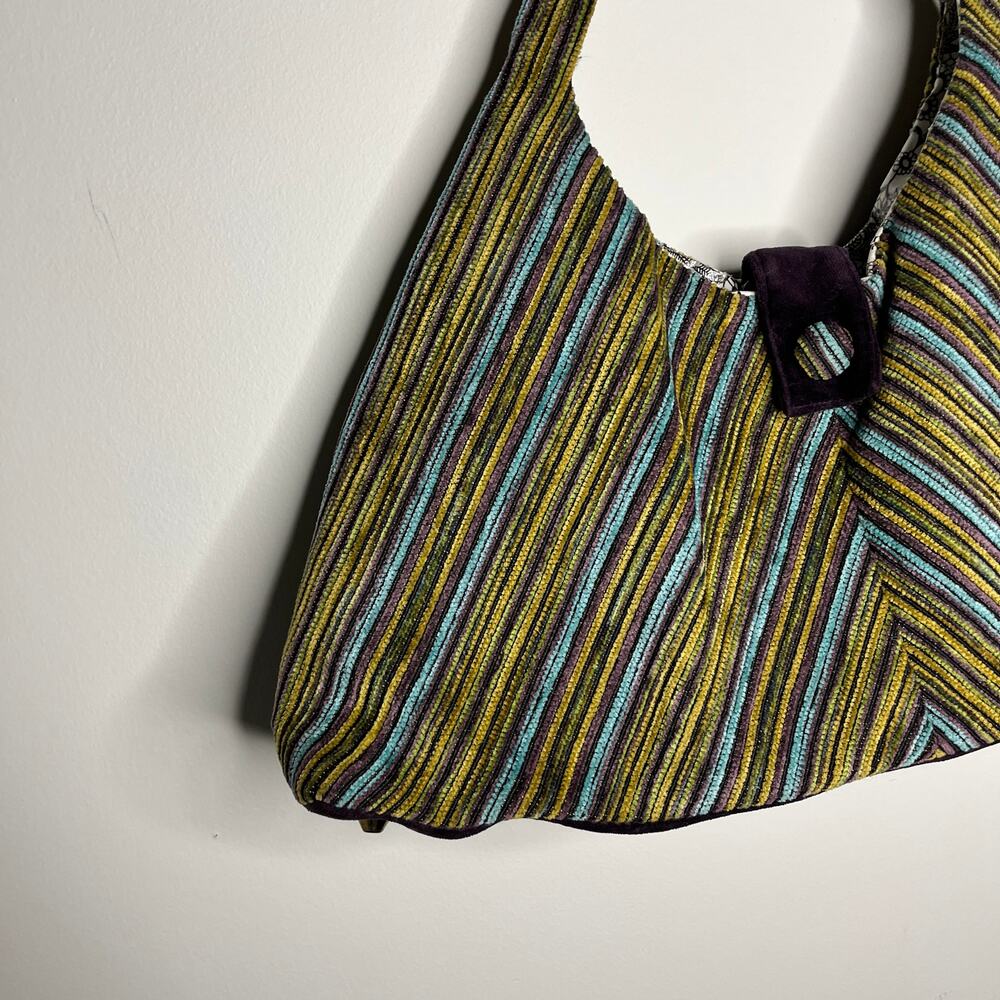 Offhand Designs Crescent Shoulder Knitting Bag Green Stripe Textured Woven - Picture 3 of 11